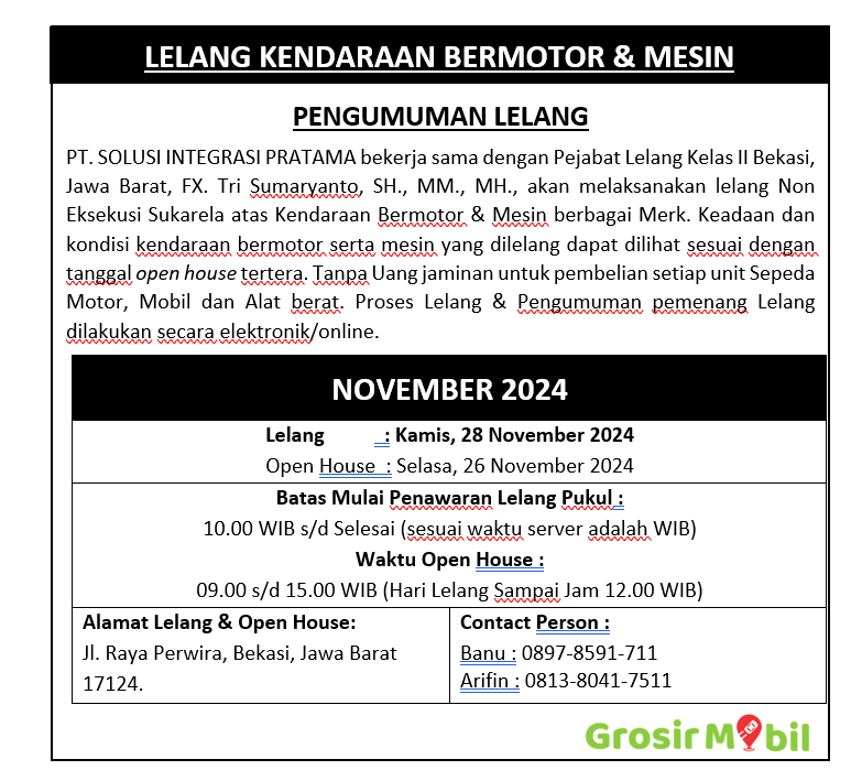 Lelang Kendaraan Bermotor & Mesin November 2024