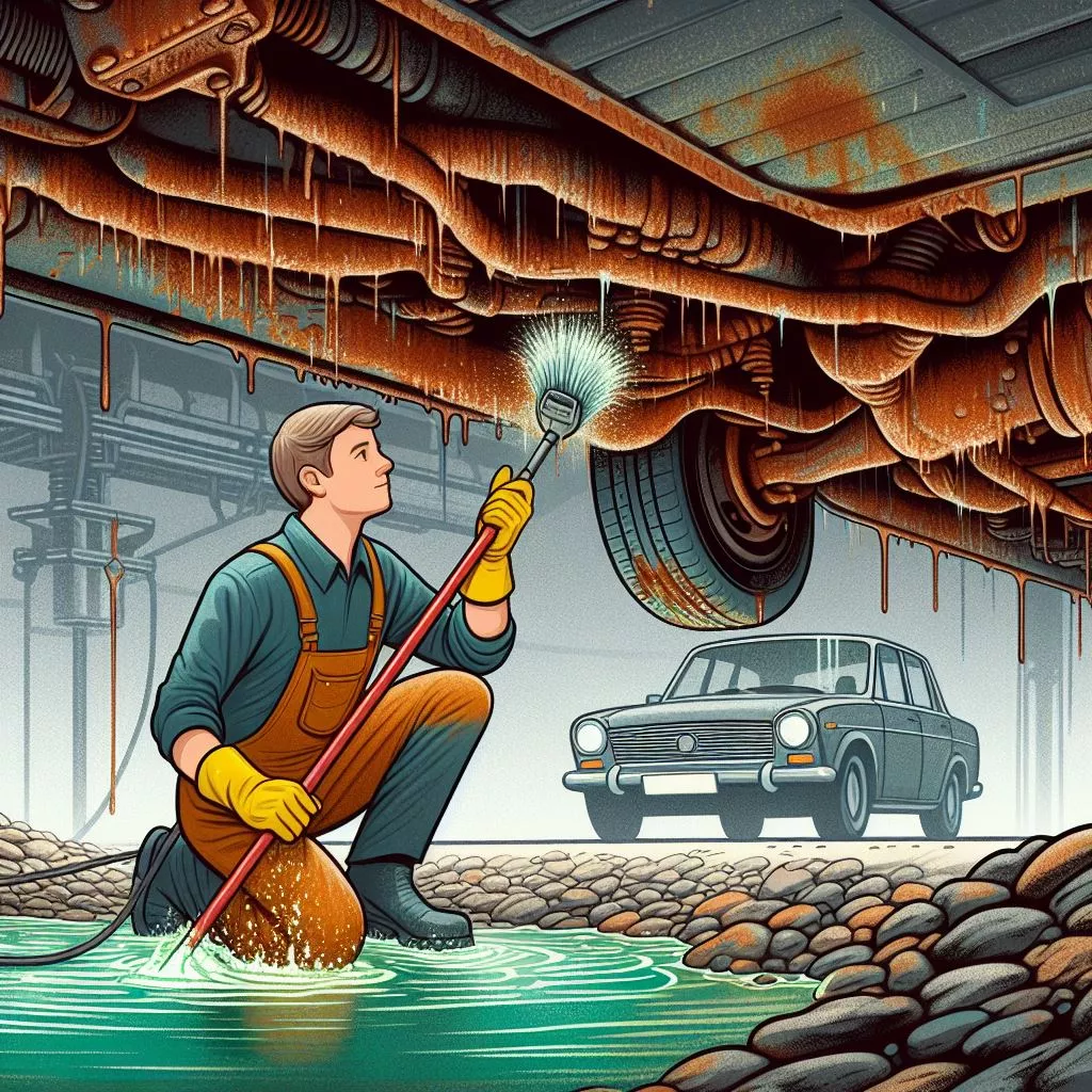 illustration of a person cleaning the rusted undercarriage of a car