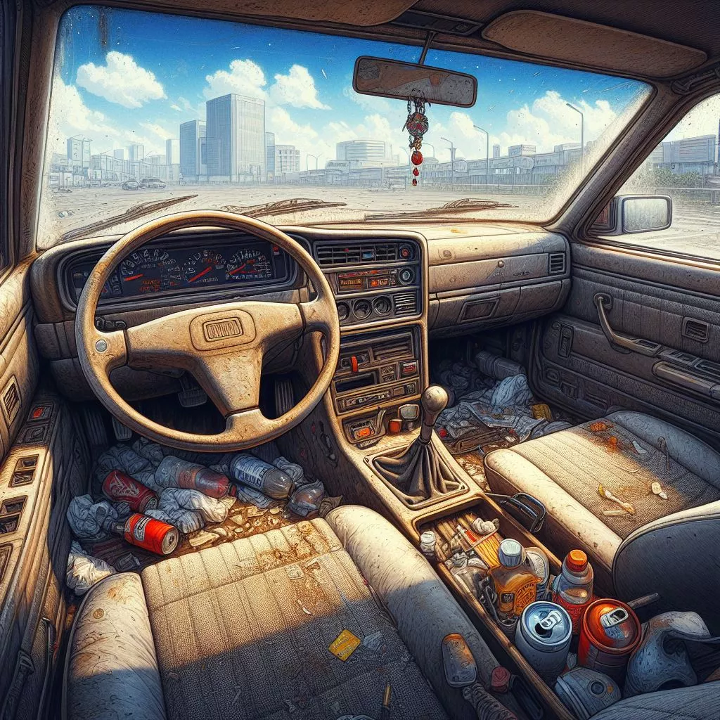 ilustrasikan interior kendaraan mobil kotor dan kusam
